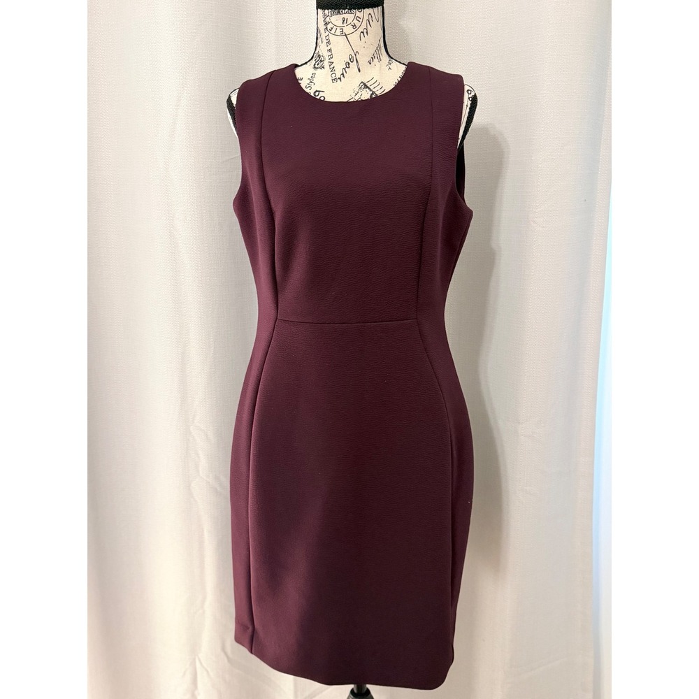 Calvin Klein Plum Burgundy Textured Sleeveless Sheath Dress Gold Zip Size 10